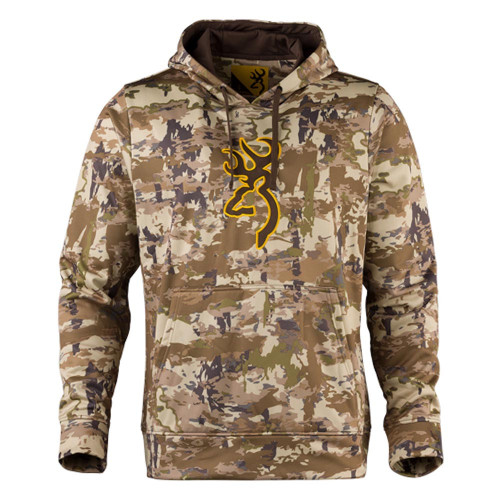 Brown camouflage Browning hoodie with yellow Buckmark logo