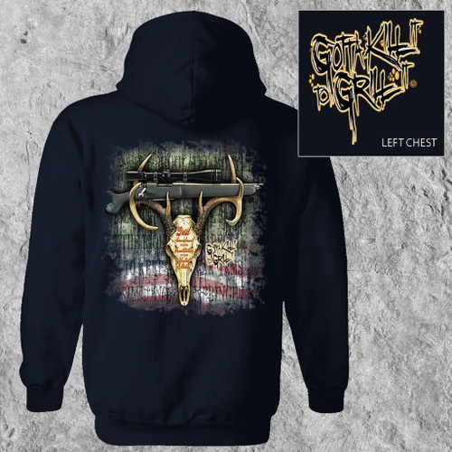 Navy hoodie with rifle, deer skull, and American flag graphic on back.