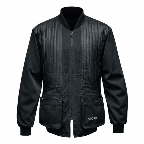 Black shooting jacket, quilted front panel, rib-knit collar and cuffs, two front pockets, Nica logo.
