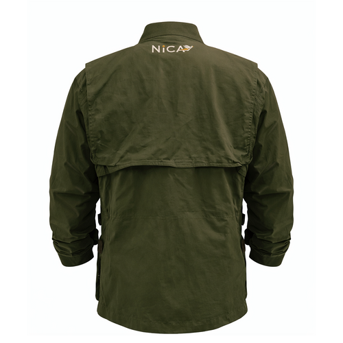Olive green Nica Design9 Cool Weather Jacket, back view. Lightweight, water-resistant, with bi-swing back and mesh vent.