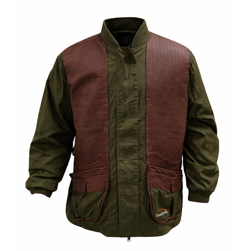 Olive green jacket with brown leather accents, multiple pockets, and a rib-knit collar.