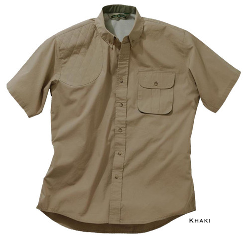 Khaki short-sleeve Bob Allen shooting shirt with quilted shoulder and chest pocket.