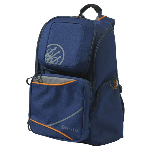 Blue Beretta backpack with orange trim and logo, front pockets, and padded straps.