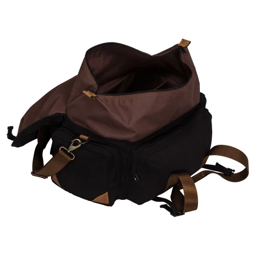 Black canvas range bag with brown leather trim, open top, and shoulder strap.
