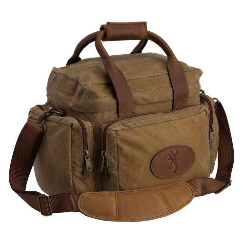 Brown waxed cotton Browning Santa Fe shooting bag with leather trim and Browning logo