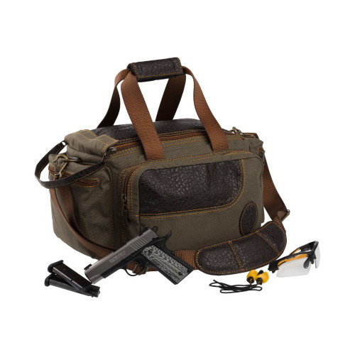 Browning Laredo shooting bag in olive canvas with leather accents, gun, magazines, earplugs, and glasses