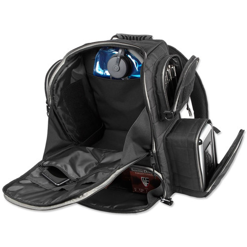 Black Wild Hare Deluxe Competition Range Backpack with open compartments showing headphones, water bottle, and ammo box.