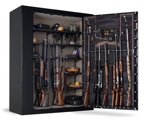 Open black Browning gun safe filled with rifles, shotguns, and pistols.