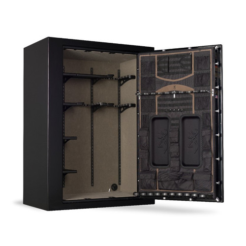 Black Browning Medallion Series safe, open door with interior shelves and DPX storage system.