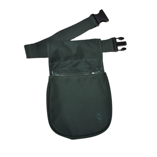Green Bob Allen shell pouch with adjustable web belt and black buckle