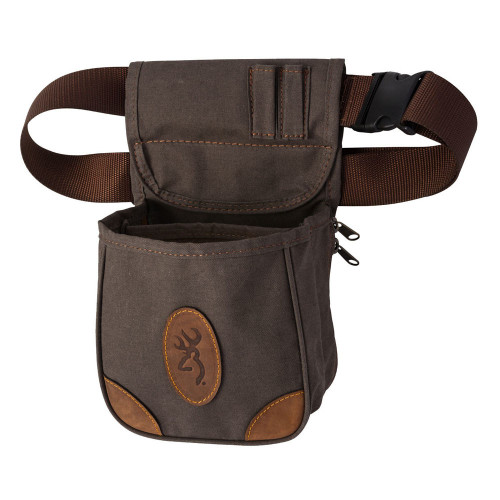Brown canvas Browning shell pouch with leather trim and adjustable belt