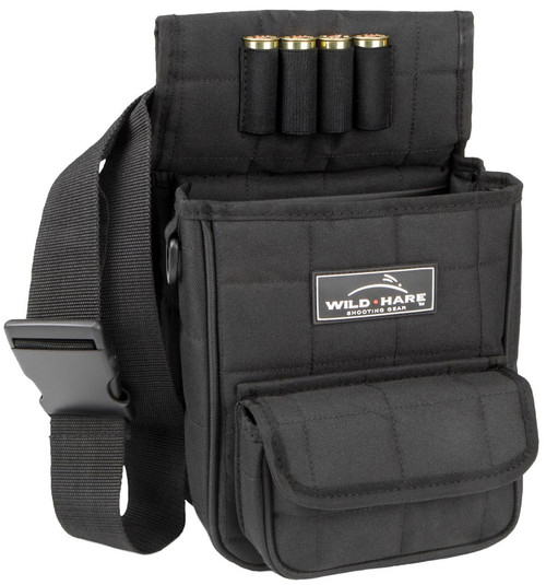 Black Wild Hare shell pouch with shotgun shells, pocket, and adjustable strap.