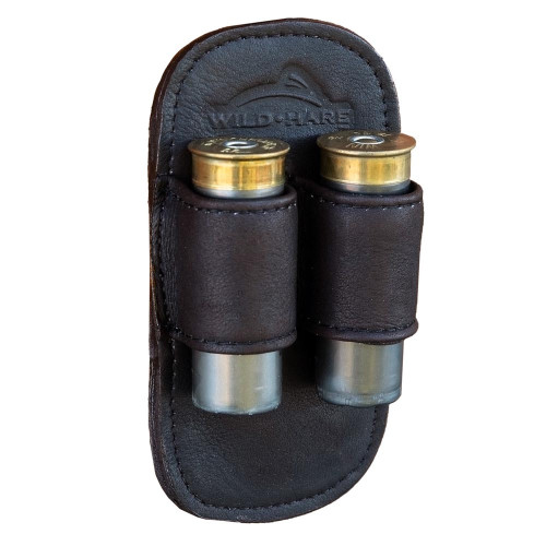 Dark brown leather Wild Hare spare pair holder with two shotgun shells.