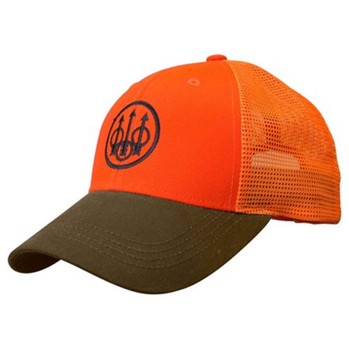Beretta Upland Trucker Hat in blaze orange with brown bill and mesh back