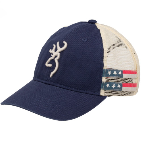 Navy blue Browning cap with white mesh back and American flag patches.