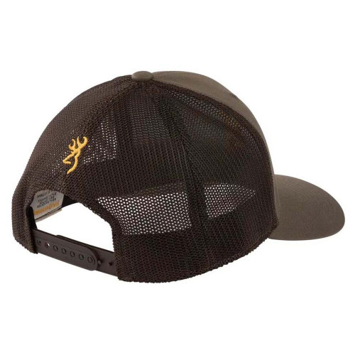 Brown Browning mesh trucker cap with gold Buckmark logo, side view.