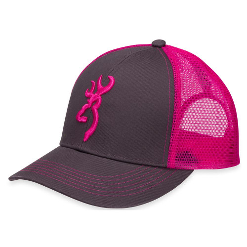 Charcoal gray Browning trucker hat with pink logo and mesh back