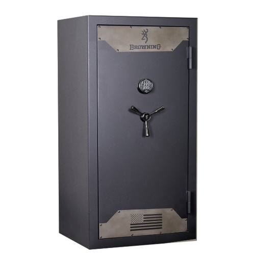 Charcoal Browning gun safe with a textured finish, metal accents, and American flag detail.