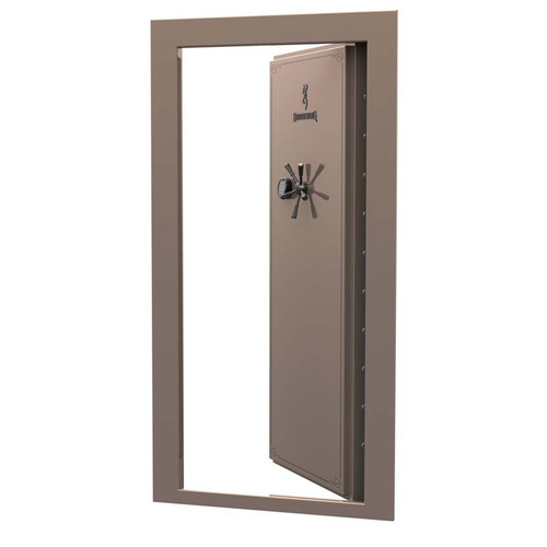 Browning clamshell vault door, in-swing, bronze finish, open with wheel lock.
