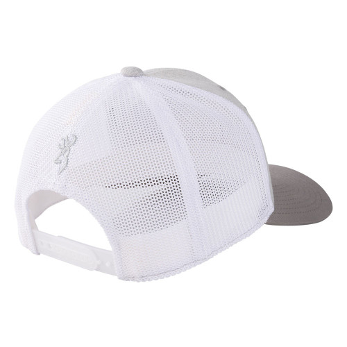 Gray and white Browning mesh trucker hat, side view