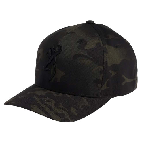 Black camouflage Browning cap with embossed buckmark logo