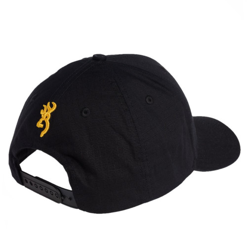 Black Browning cap with gold Buckmark logo, side view