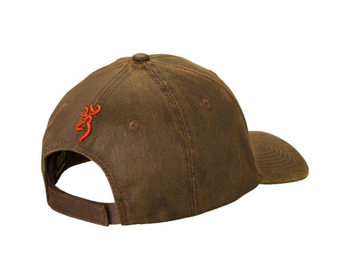Brown Browning cap with orange buckmark logo, rear view