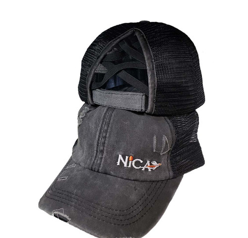 Black Nica crisscross ponytail hat with distressed fabric and mesh back.