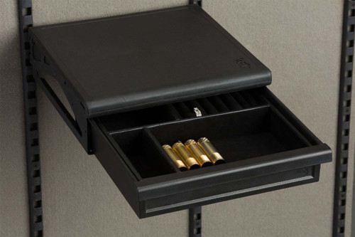 Black Browning Axis multipurpose drawer with jewelry and brass casings.