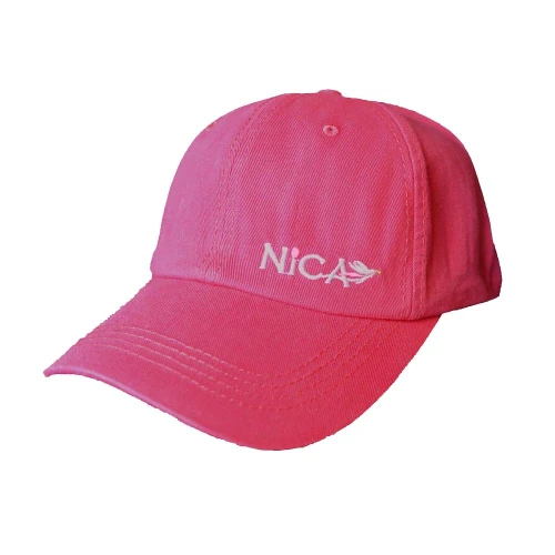Pink Nica baseball cap with white embroidered logo and stitched brim