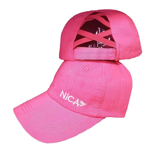 Pink Nica crisscross ponytail hat with white logo, angled view