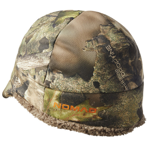 Mossy Oak Droptine camo beanie with sherpa lining and orange Nomad logo.