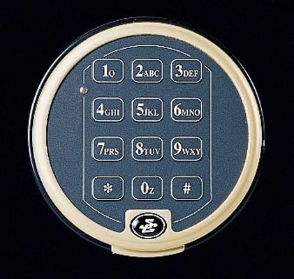 Circular electronic keypad with numbers 0-9, , #, and letters.