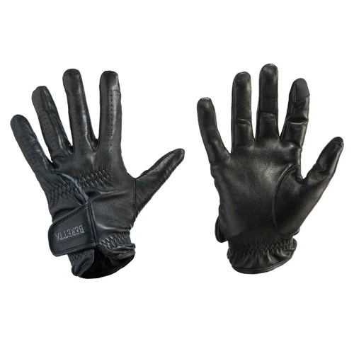 Black leather Beretta shooting gloves, palm and back views, with perforated fingers and touch screen index.