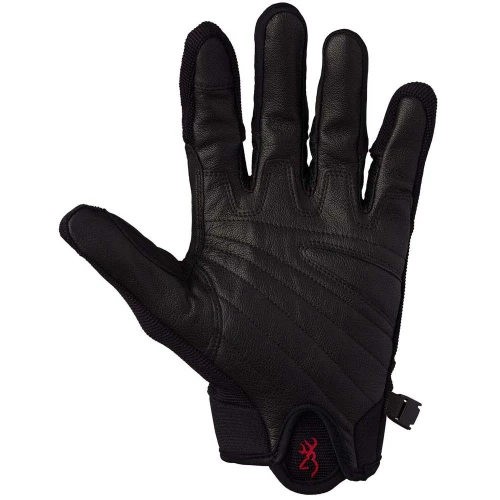 Black Browning shooting glove, palm up, with red logo on cuff.