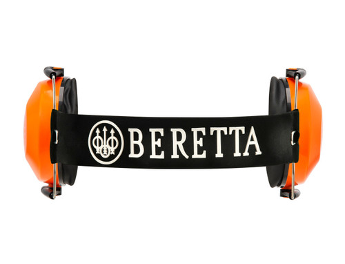 Orange Beretta earmuffs with black headband and logo