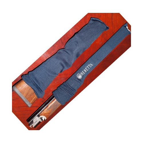 Navy Beretta VCI gun socks on wooden surface, one on barrel, one on stock.