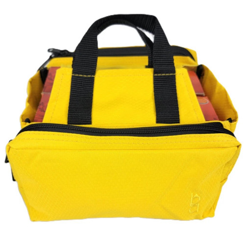 Yellow Bob Allen four-box shell carrier with black handles and zippers