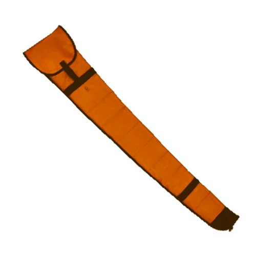 Orange Bob Allen gun sleeve with black trim and buckle closure, angled view