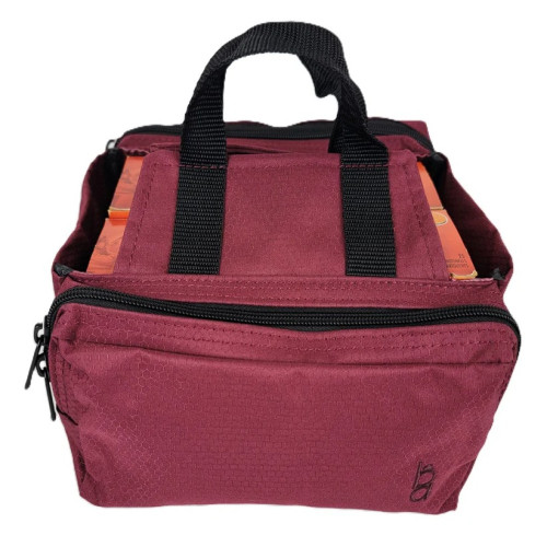 Maroon Bob Allen four-box shell carrier with black handles and zipper pockets.