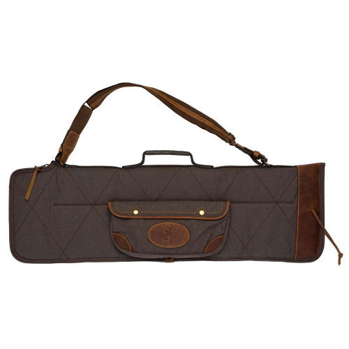 Brown Browning canvas and leather shotgun case with shoulder strap and pocket