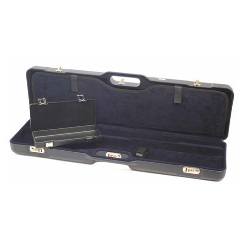 Navy Negrini double shotgun case, open, with accessory box inside.