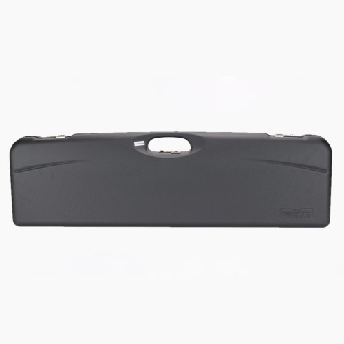 Black Negrini shotgun hard case, handle, metal latches, rubber trim, rectangular shape.
