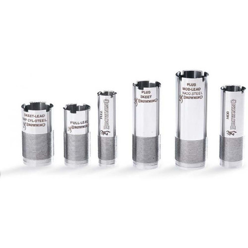 Six silver Browning Invector Plus shotgun choke tubes with engraved labels.