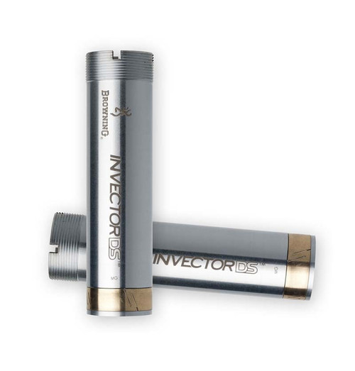 Two silver Browning Invector-DS choke tubes with gold bands, one upright, one horizontal.