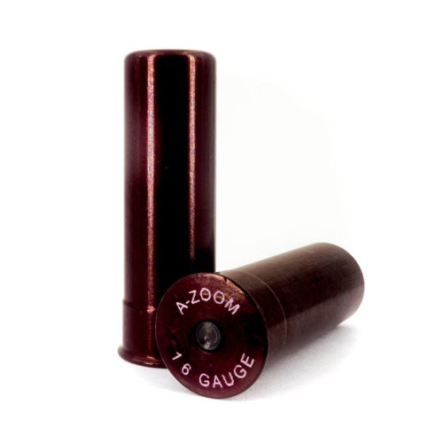 Two maroon A-Zoom 16 gauge snap caps, one upright, one on its side.