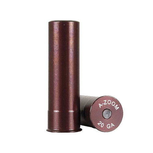 Two brown 20-gauge A-Zoom snap caps. One upright, one lying down. Aluminum construction.