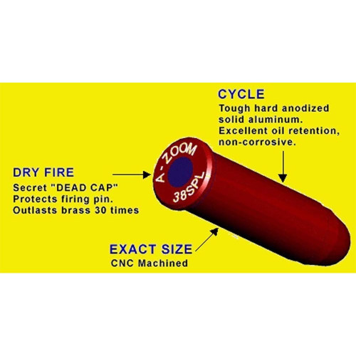 Red and blue A-Zoom snap cap, yellow background, text labels: "Dry Fire", "Cycle", and "Exact Size".