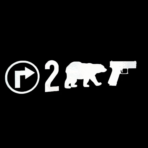 White outline decal: turn arrow, 2, bear, gun