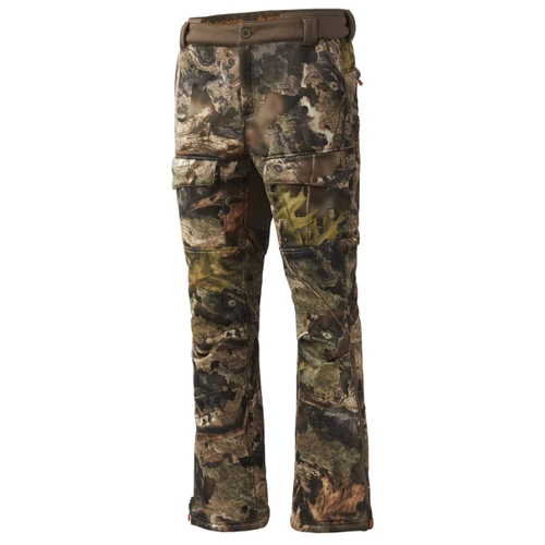 Mossy Oak Droptine camo hunting pants with cargo pockets and zippered leg openings.